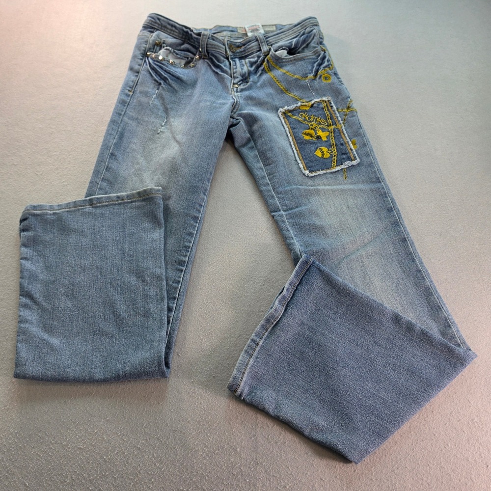 Akdmks Womens 27 Low Rise Flare Jeans Light Wash Embroidered Y2K Studded